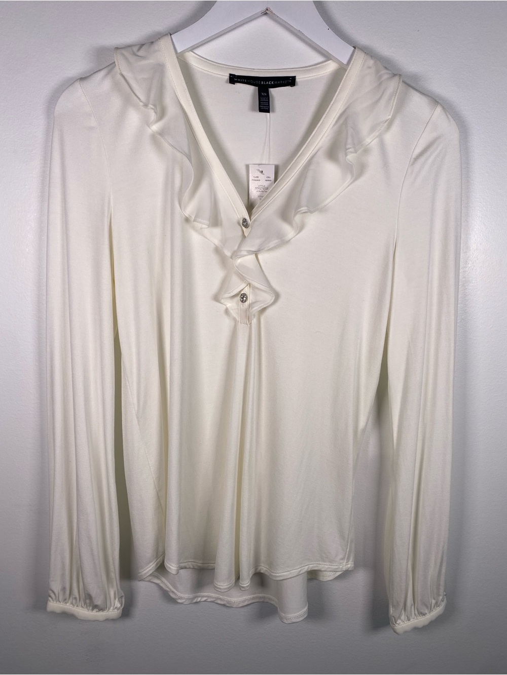 NWT WHBM Off-white Ruffle V-Neck Long-Sleeve Top
